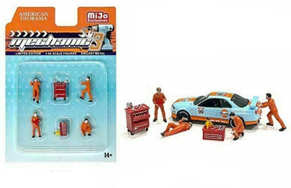 1:64 figure Mechanic 3 set 4 figures with accessories orange American Diorama Mijo