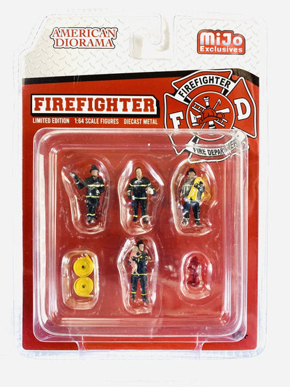 1:64 Figur Firefighter Feuerwehr Mann 4 Figuren mit Schlauch American Diorama Mijo