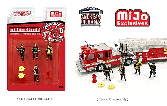 1:64 Figure Firefighter Fireman Man 4 figures with hose American Diorama Mijo