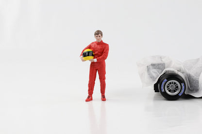 Figurine F1 1:18 Racing Legend Pilote des années 80 Un costume rouge et un casque jaune American Diorama