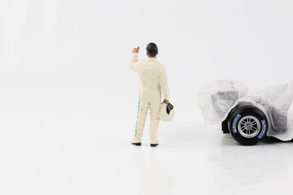 Figurine F1 1:18 Racing Legend Pilote des années 2000 Une barbe en costume blanc American Diorama
