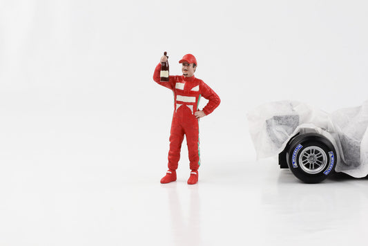 Figurine F1 1:18 Racing Legend années 2000, pilote B, costume rouge, bouteille de champagne, American Diorama