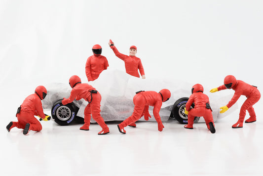 1:18 Figura F1 Team Pit Crew rosso Set III 7 figure Diorama americano