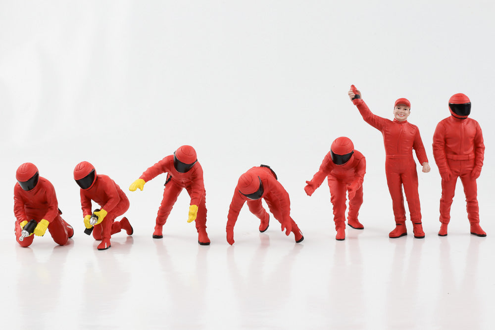 1:18 Figure F1 Team Pit Crew Red Set III 7 Figures American Diorama