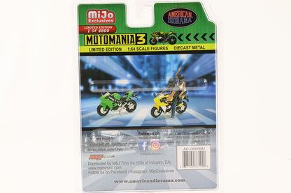 1:64 Figura Motomania 3 Set 4 pz. 2 personaggi 2 moto Diorama americano Mijo