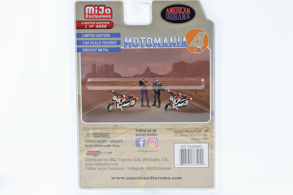 1:64 Figura Motomania 4 Set 4 pz. 2 personaggi 2 moto Diorama americano Mijo
