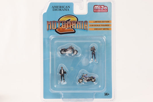 1:64 Figur Motomania 2 Set 4 pcs. 2 Figuren 2 Motorräder American Diorama Mijo
