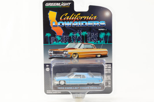 1:64 California Lowriders 1972 Cadillac Coupe Deville azul metálico Greenlight