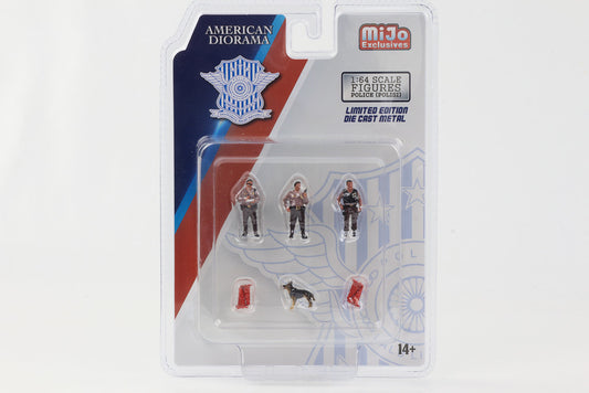 1:64 Figur Police Polizei Set 3 Figuren mit Hund und Zubehör American Diorama Mijo