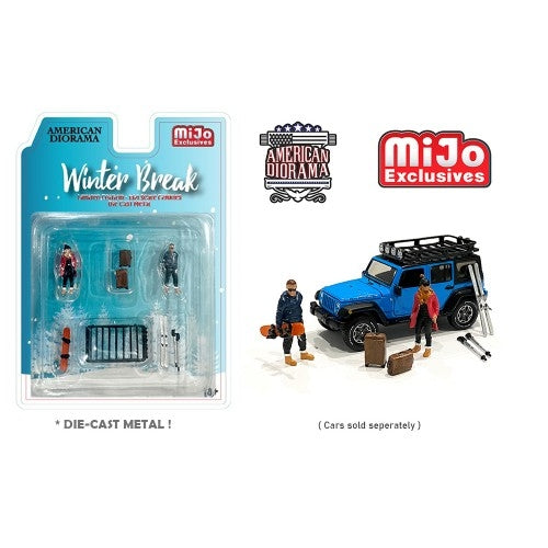 Conjunto de férias de inverno para carro 1:64, 2 figuras, esqui, snowboard, diorama americano Mijo