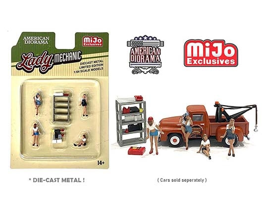 1:64 Figure Lady Mechanic Set 4 figurines avec accessoires American Diorama Mijo