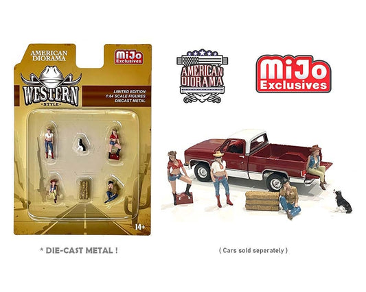1:64 Figur Western Style Cowboy Set 4 Figuren mit Zubehör American Diorama Mijo