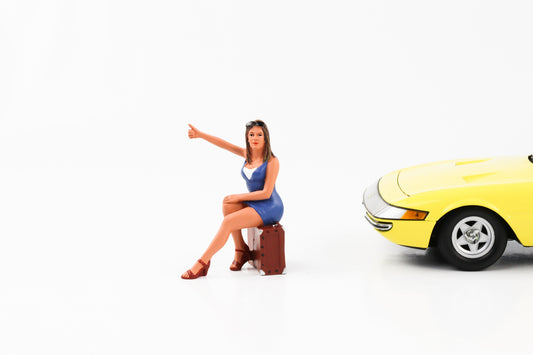 1:18 Figure anni '70 donna con valigia seduta che fa l'autostop Figure del Diorama americano