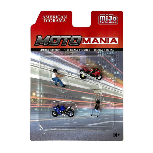 1:64 Figur Motomania Set 4pcs. 2 Figuren 2 Motorräder American Diorama Mijo